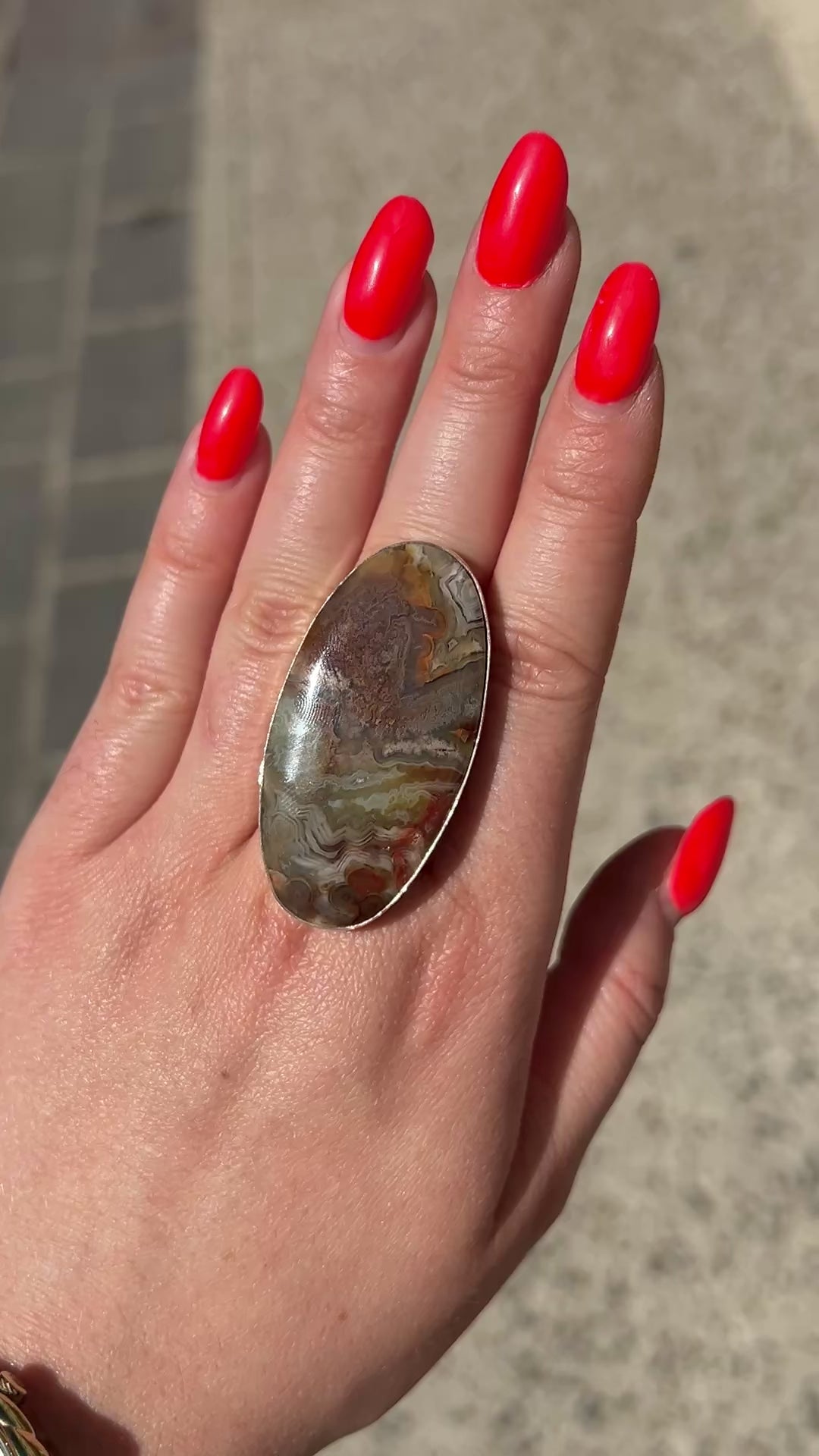 Bague grande pierre ovale agate crazy lace argent
