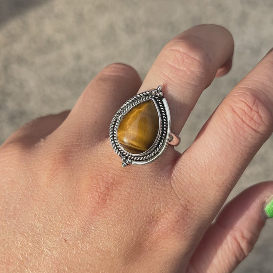 Bague Œil de Tigre Goutte XS réglable en argent 925 avec pierre naturelle
