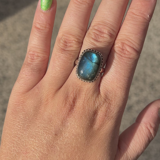 Bague Labradorite Rectangle XS réglable en argent 925 avec pierre naturelle bleue
