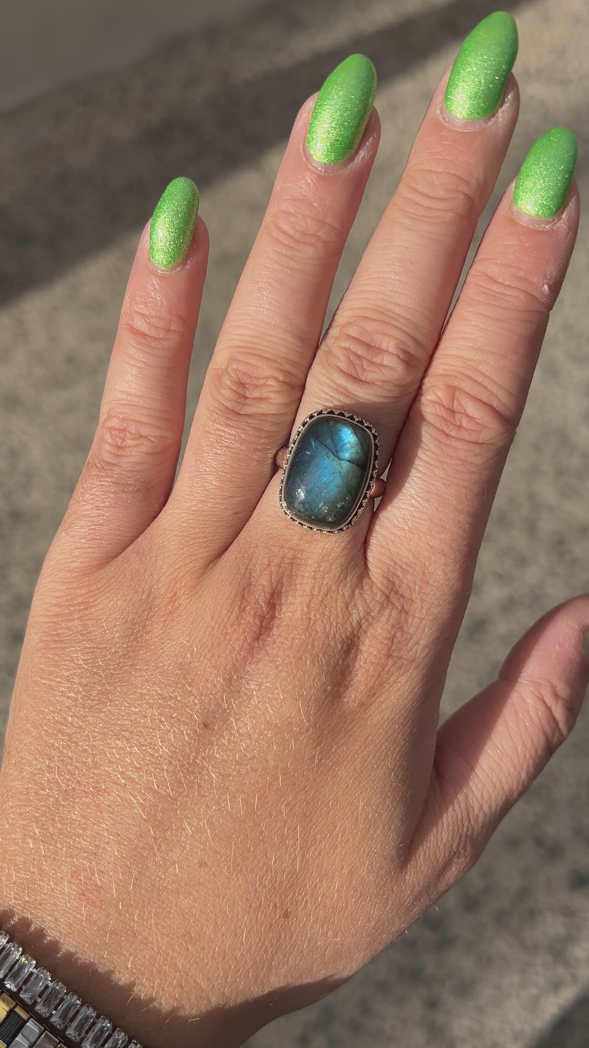 Bague Labradorite Rectangle XS réglable en argent 925 avec pierre naturelle bleue
