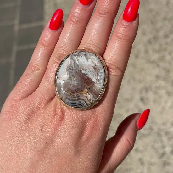 Bague agate crazy lace ronde motifs marbrés