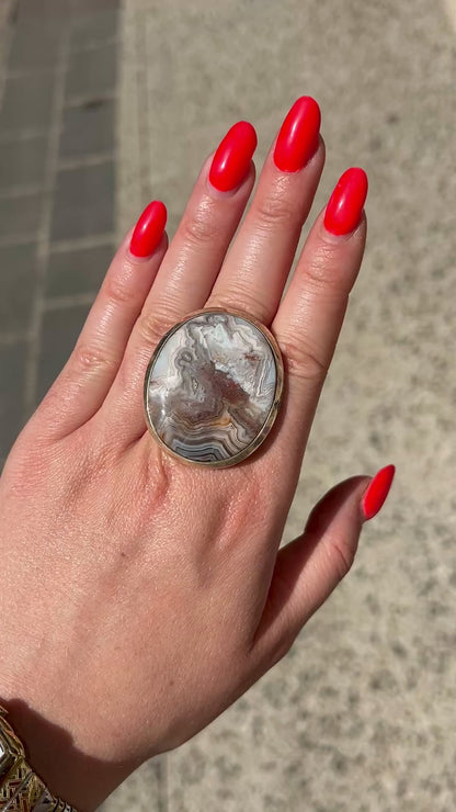 Bague agate crazy lace ronde motifs marbrés
