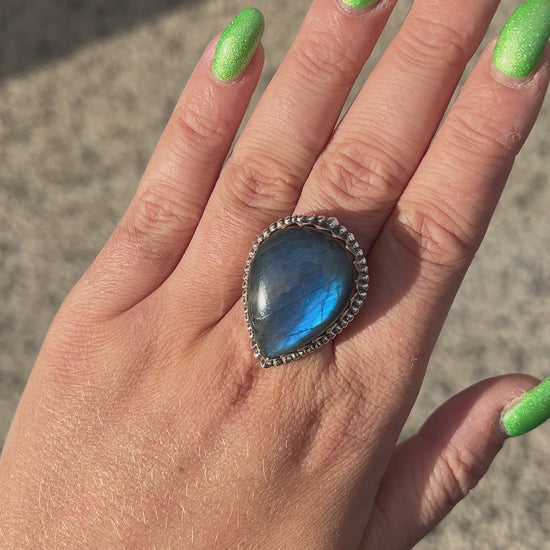 Bague Labradorite Goutte S réglable en argent 925 avec pierre naturelle bleue
