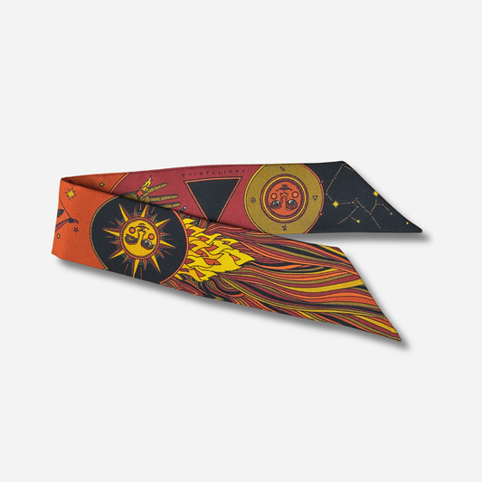 Ruban 4 cm Sagittaire An-née à motifs astrologiques soleil étoiles terracotta et noir pour manchette
