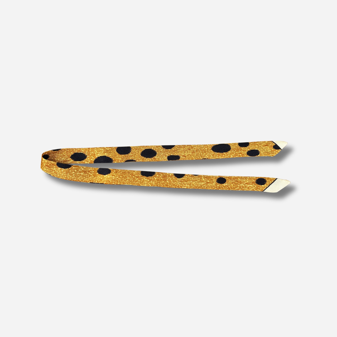 Ruban en soie 1 cm Guépard An-née imprimé animalier ocre doré et noir
