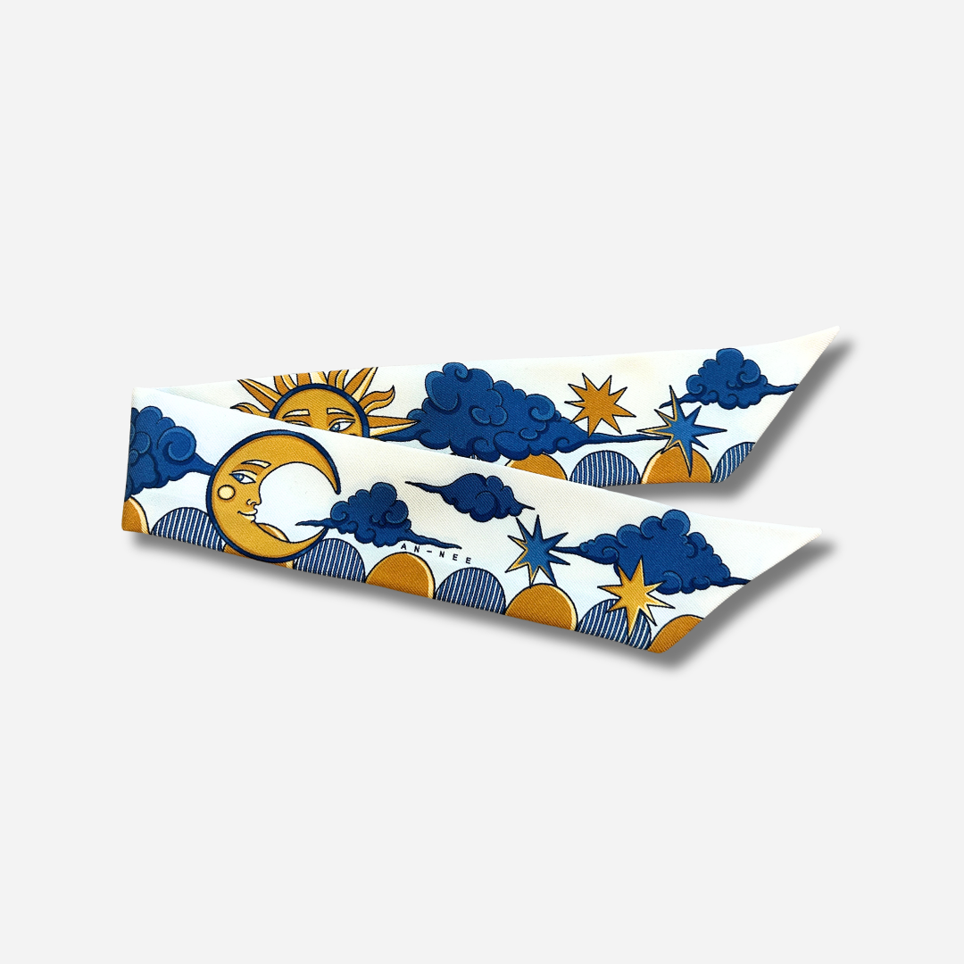 Ruban en soie 4 cm Cirque des Rêves Neutre An-née motif lune soleil étoiles bleu et doré
