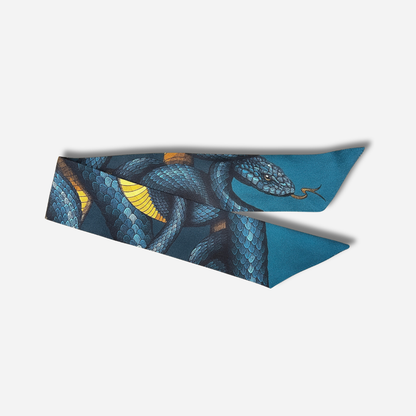 Ruban en soie 4 cm Serpent Bleu An-née motif animalier bleu nuit turquoise et jaune
