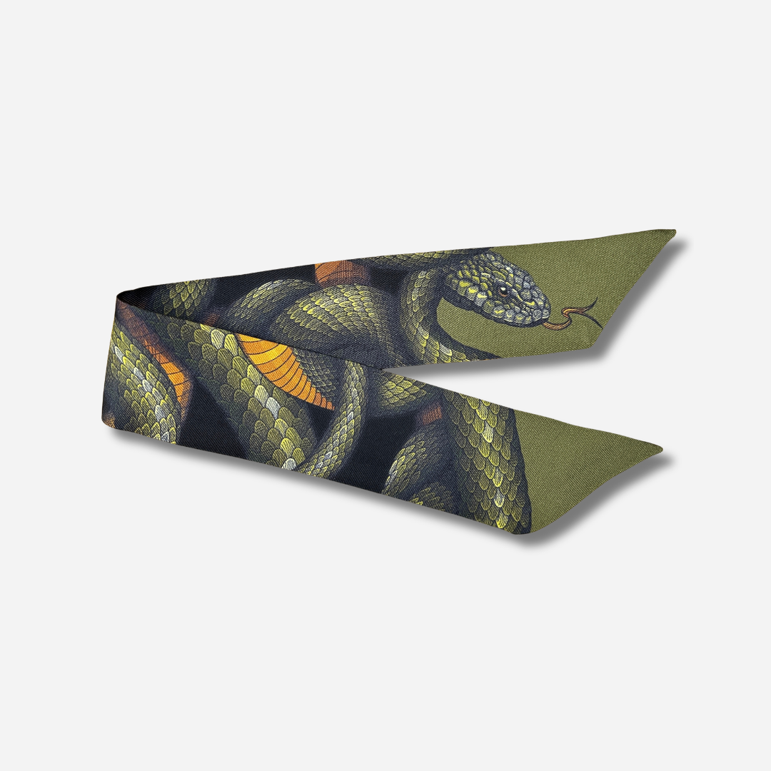 Ruban en soie 4 cm Serpent Kaki vert olive et noir An-née pour manchette
