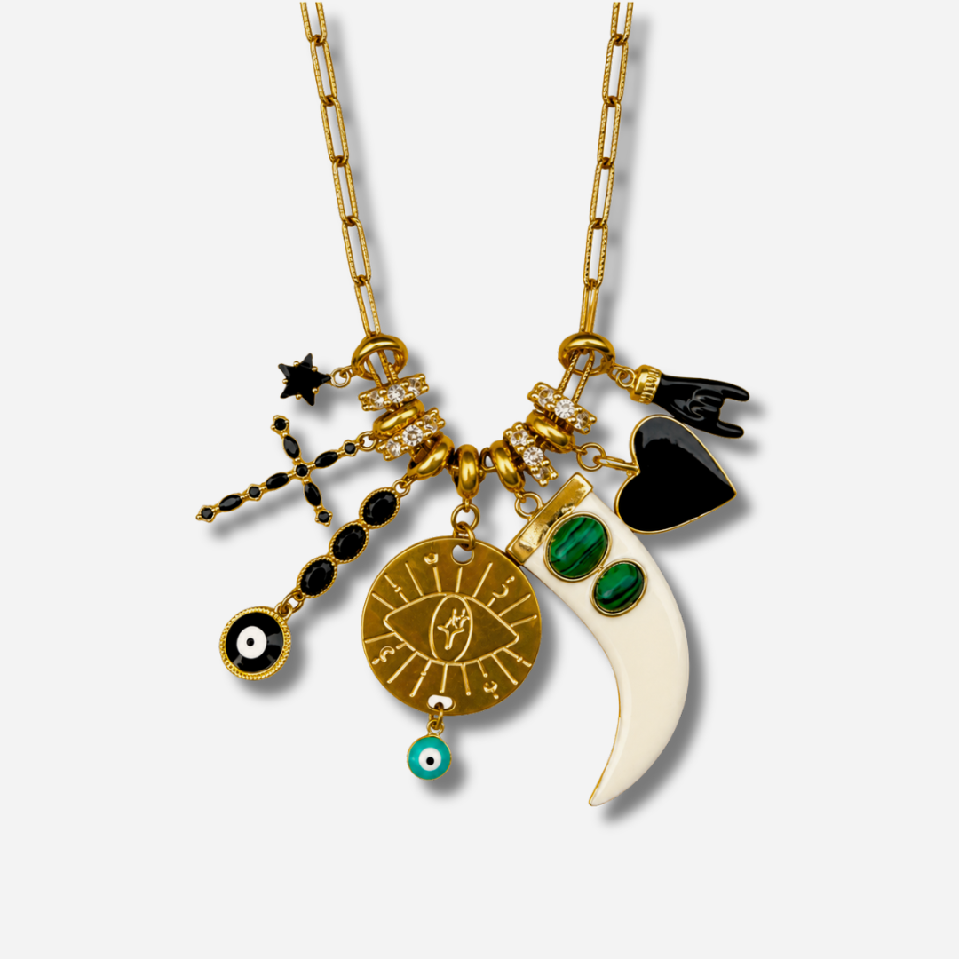 Sautoir Grigri Corne Blanche Madamirma avec malachite et talismans