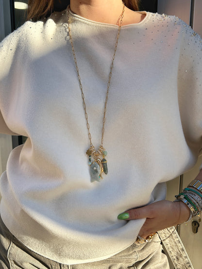 Sautoir Grigri Marin Amazonite Madamirma avec poisson et talismans dorés