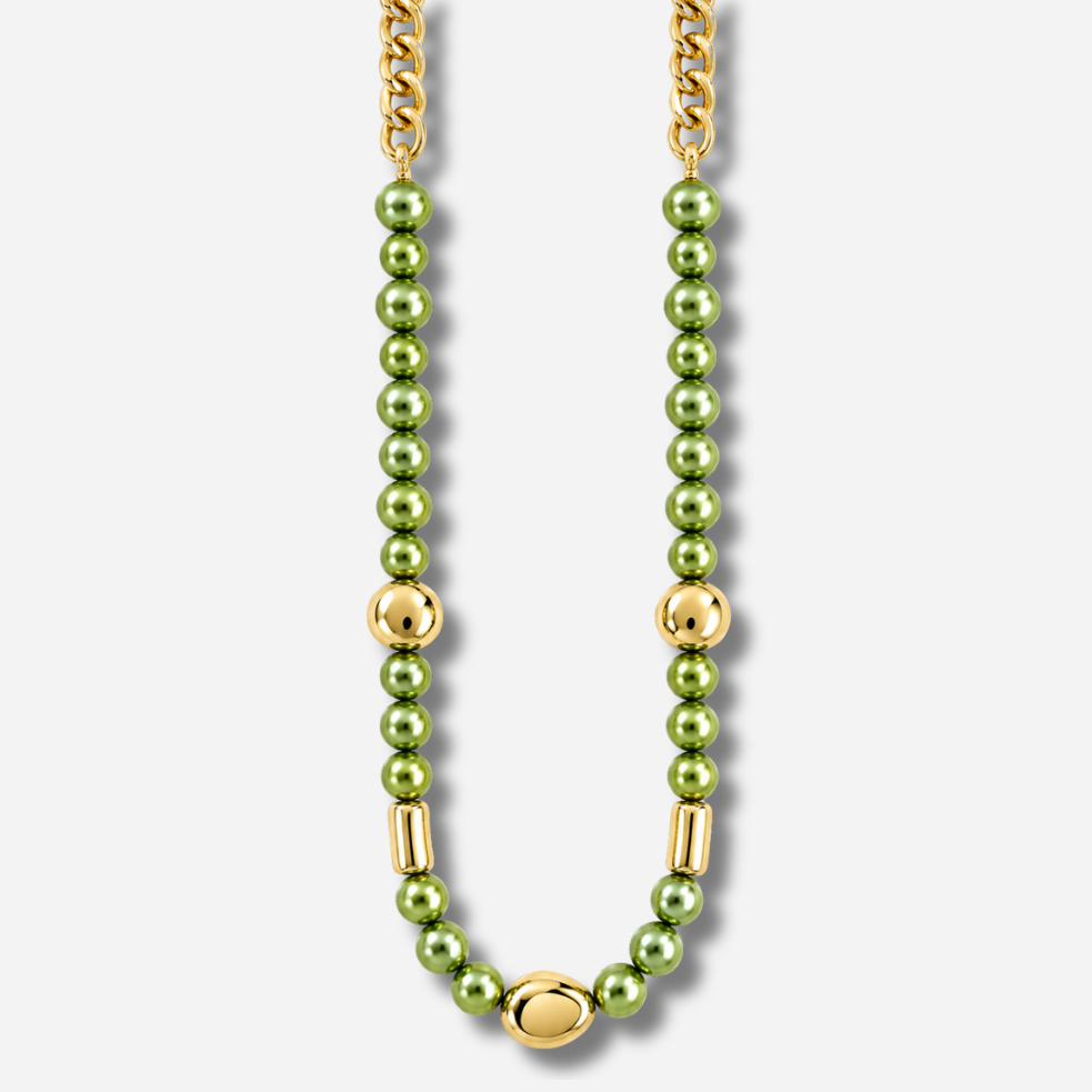 Sautoir Mariella Kaki Francine Bramli Paris, long collier composé de perles vert kaki nacrées, de maillons de chaîne et d'éléments dorés.