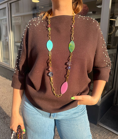 Sautoir Multi Gold Francine Bramli Paris doré avec éléments et perles multicolores – Divinity Sète
