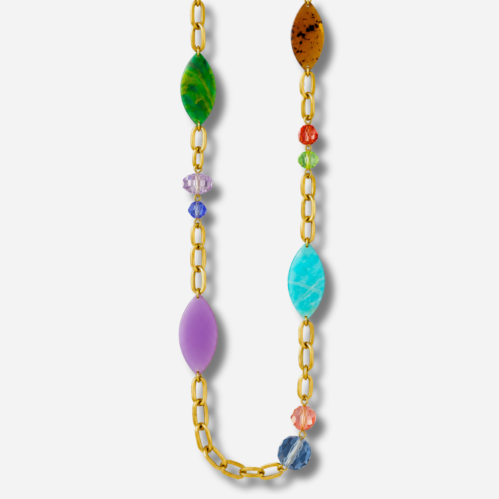 Sautoir Multi Gold Francine Bramli Paris doré avec éléments et perles multicolores – Divinity Sète
