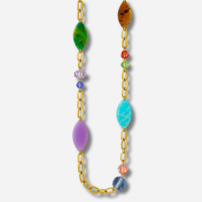 Sautoir Multi Gold Francine Bramli Paris doré avec éléments et perles multicolores – Divinity Sète
