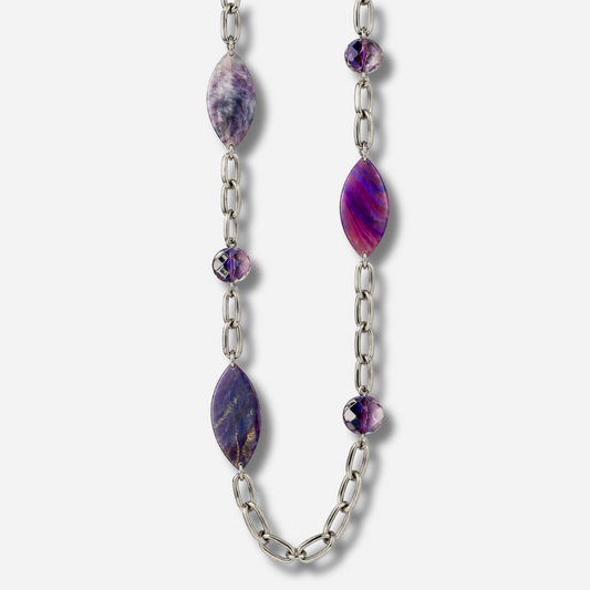Sautoir Violet Silver Francine Bramli Paris à maillons argentés et éléments violets – Divinity Sète
