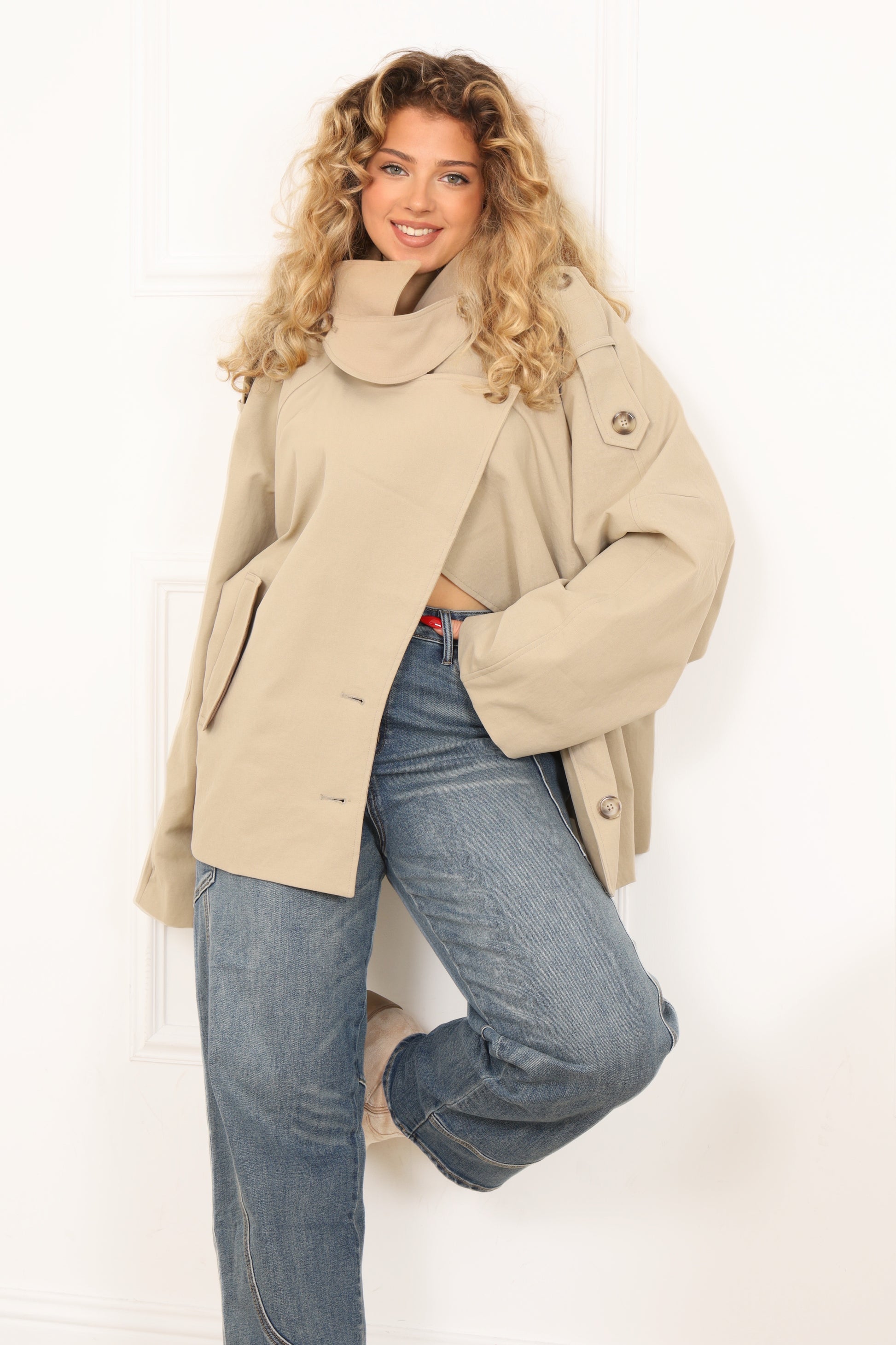 Veste femme beige ceinturée col montant Veste Elisa Divinity